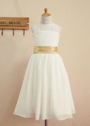 Sheer Neck Ivory Chiffon Wedding Flower Girl Dress